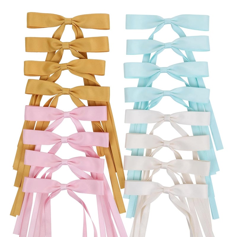 WORTL Hair Bows Clips Coquette Ribbon Bowknot with Long Tail Princess Hair Bows French Barrettes Hair Accessories for Women Girls 16PCS (Pink, Yellow, Cream, Aquamarine) - Image 1